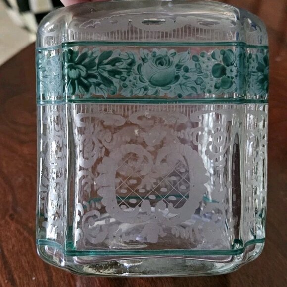 RARE ANTIQUE GREEN ACID ETCHED FLOWER BOTTLE LIQUOR WHISKEY DECANTER STOPPER JAR